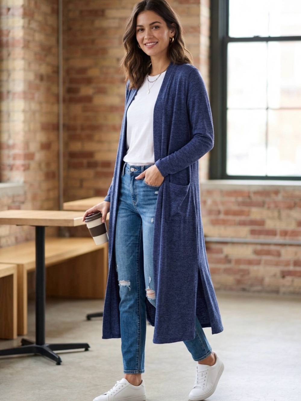 Long Open-Front Knit Cardigan - Blue